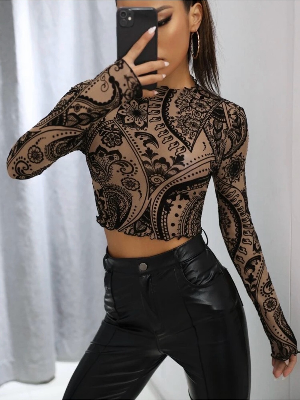 Sheer Paisley Long-Sleeve Crop Top - Black on Tan